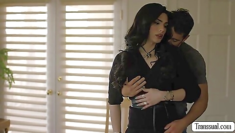 Busty brunette trans gets her asshole fucked in her tight ass