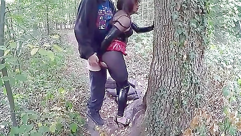 Brunette in stockings gets a sexy anal sex in the woods