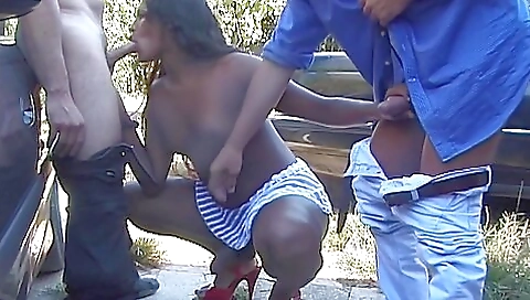 Horny trans girls in black shorts enjoy a hot outdoor threesome