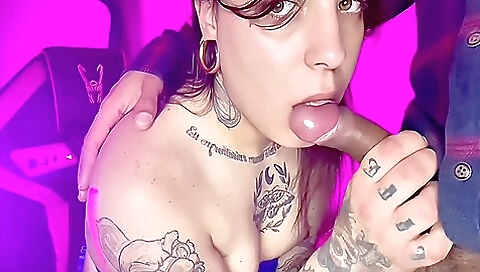 Bareback anal sex with a blonde who wears a sexy tattooed skirt